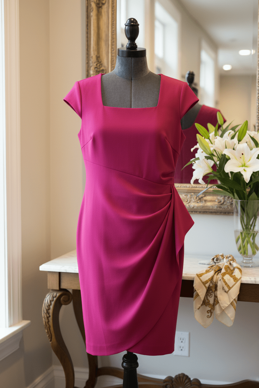 Brand New Alex Evenings Fuchsia Pink Square Neck Cap Sleeve Ruched Sheath Dress. Size 10 - All Seasons Curves
