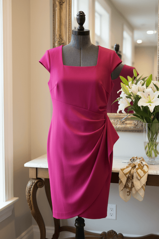 Brand New Alex Evenings Fuchsia Pink Square Neck Cap Sleeve Ruched Sheath Dress. Size 10 - All Seasons Curves