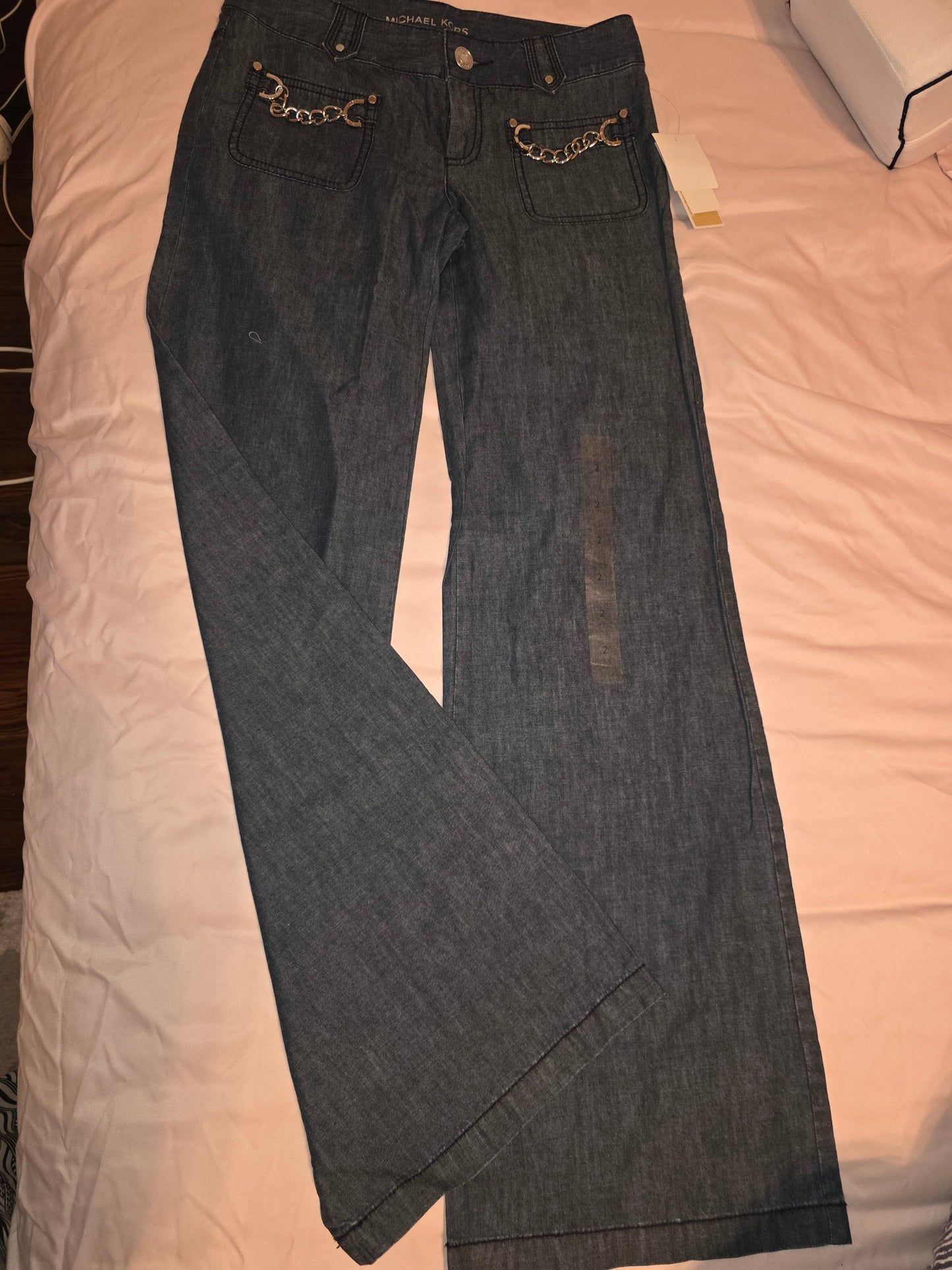 Brand New MICHAEL Michael Kors Wide - Leg Denim Jeans with Gold - Tone Chain Detail Size 2 - All Seasons Curves