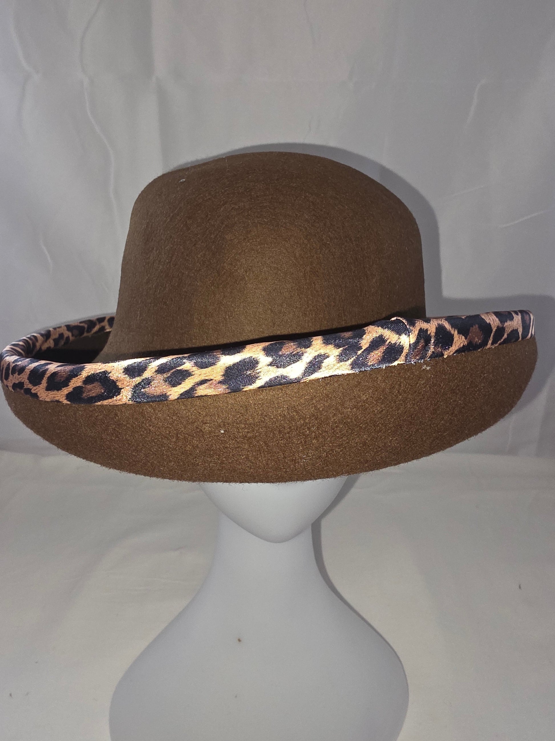 Classic Brown Wool Cloche Hat with Leopard Print Trim - All Seasons Curves