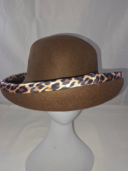 Classic Brown Wool Cloche Hat with Leopard Print Trim - All Seasons Curves