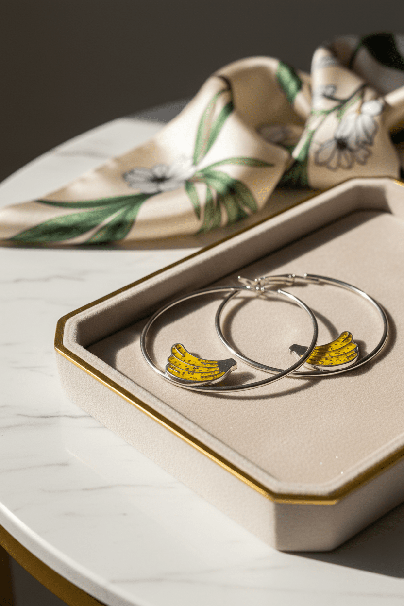 Playful Silver Hoop Earrings with Yellow Banana Charms - All Seasons Curves