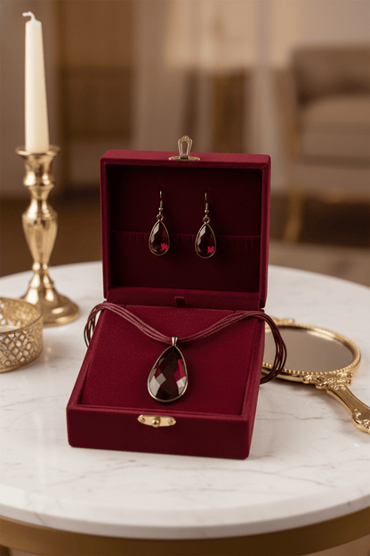 Classic Red Crystal Teardrop Necklace & Earring Set with Silver - Tone Accent - All Seasons Curves