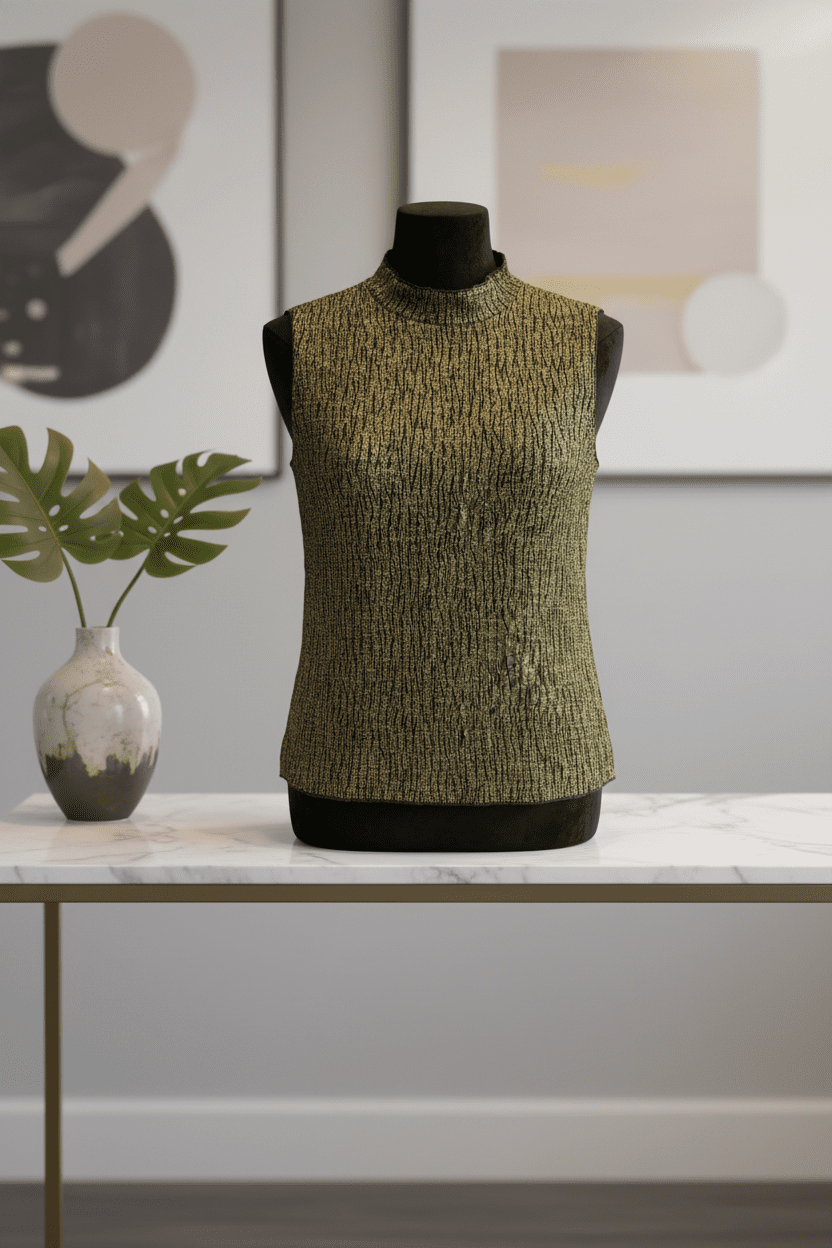 Chic Crushed Metallic Gold & Black Plissé Mock - Neck Sleeveless Top Size Large - All Seasons Curves