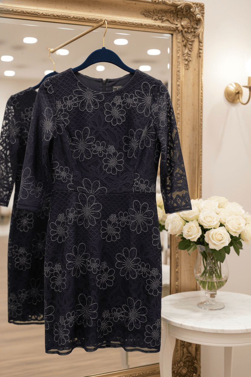 Brand New Gabby Skye Size 8 Navy blue floral lace overlay dress. - All Seasons Curves