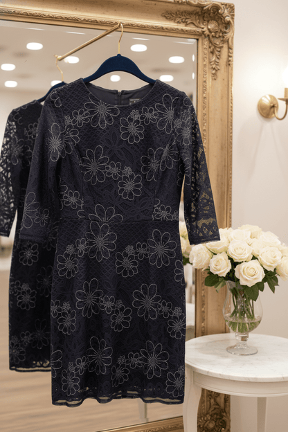 Brand New Gabby Skye Size 8 Navy blue floral lace overlay dress. - All Seasons Curves