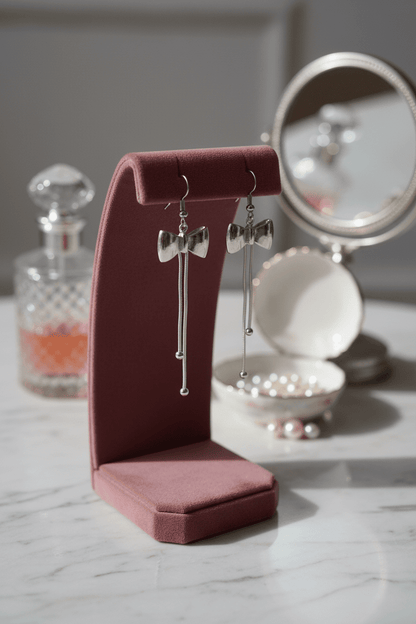 Silver - Tone Bow Dangle Earrings with Chain Drops - All Seasons Curves