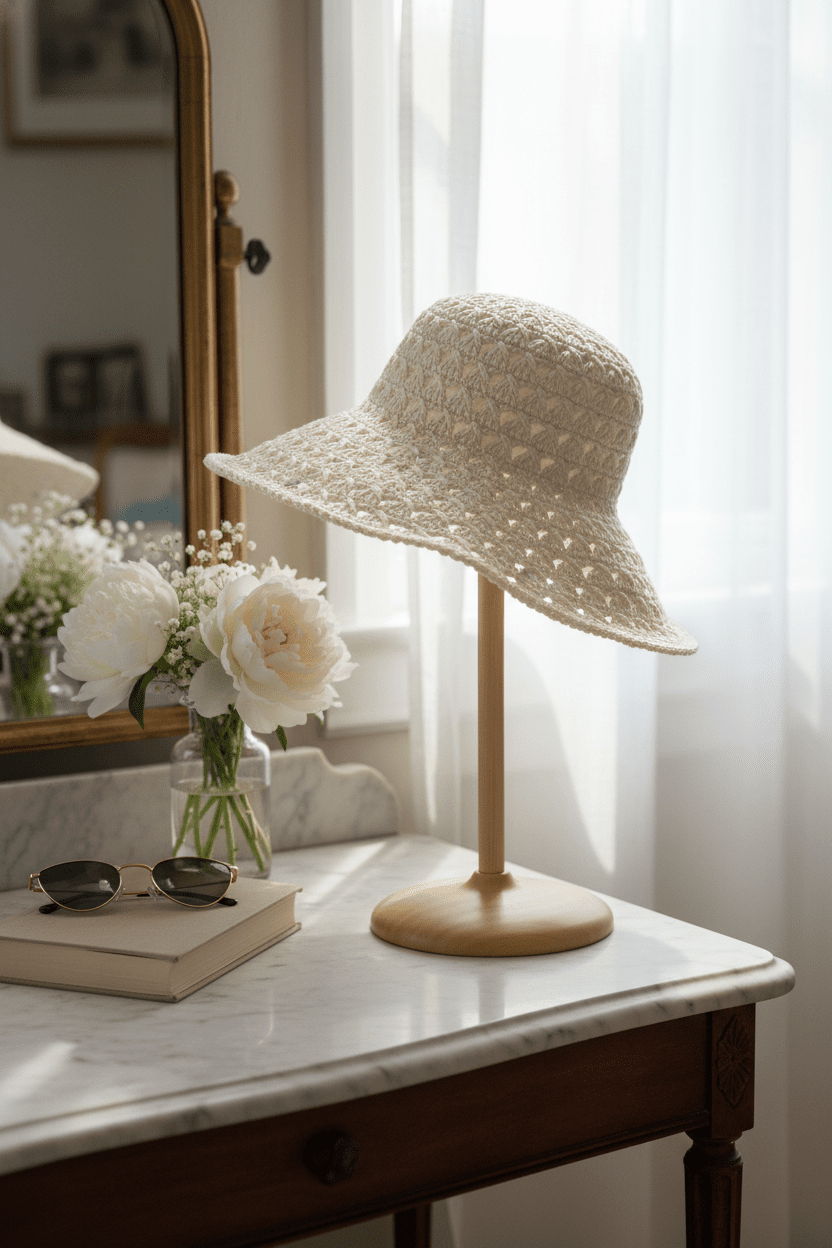 Hand - Crocheted Cream Straw Sun Hat with Scalloped Brim - All Seasons Curves