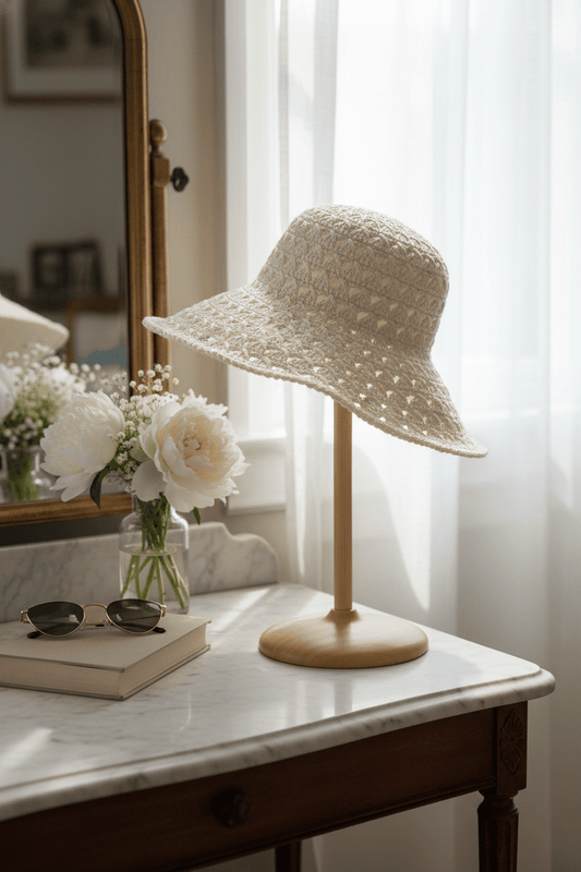 Hand - Crocheted Cream Straw Sun Hat with Scalloped Brim - All Seasons Curves
