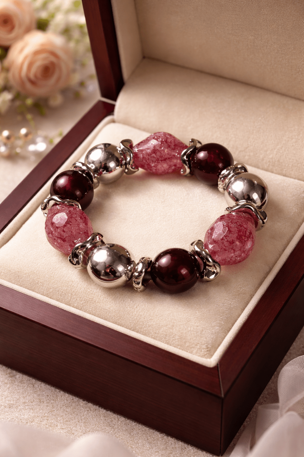 Bold Red & Silver Chunky Bead Stretch Bracelet - All Seasons Curves