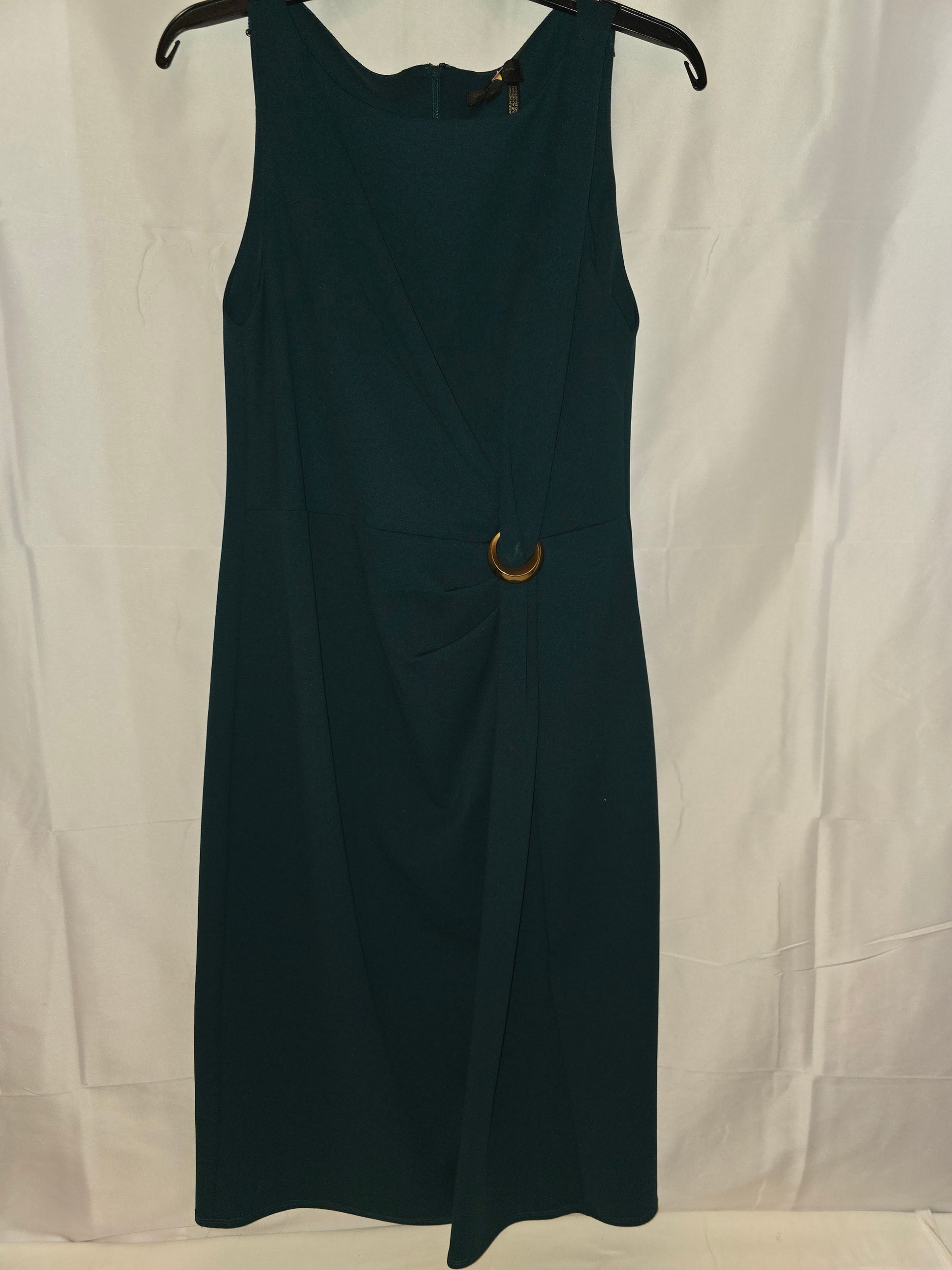 Donna Karan New York Chic Deep Teal Crepe A - Line Dress with Gold - Tone Size 10 - All Seasons Curves