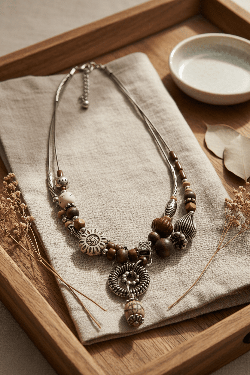 Bohemian Multi - Strand Mixed Bead Statement Necklace with Carved Pendant - All Seasons Curves