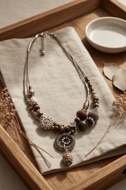 Bohemian Multi - Strand Mixed Bead Statement Necklace with Carved Pendant - All Seasons Curves