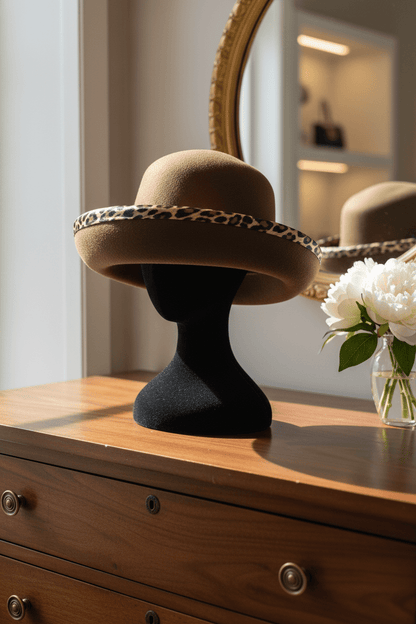 Classic Brown Wool Cloche Hat with Leopard Print Trim - All Seasons Curves