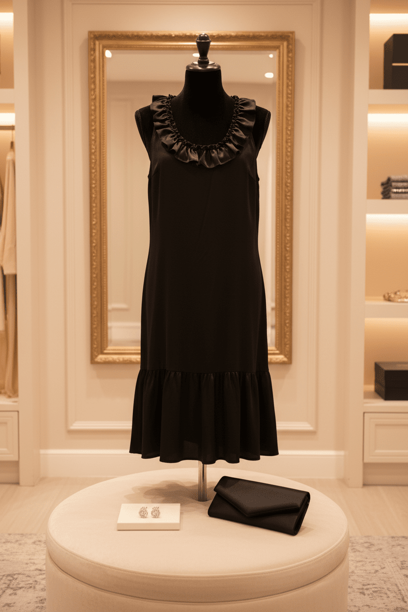 New Express brand Medium sleeveless black dress features a ruffle V - neckline - All Seasons Curves