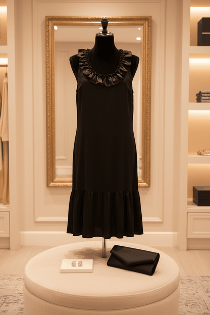 New Express brand Medium sleeveless black dress features a ruffle V - neckline - All Seasons Curves