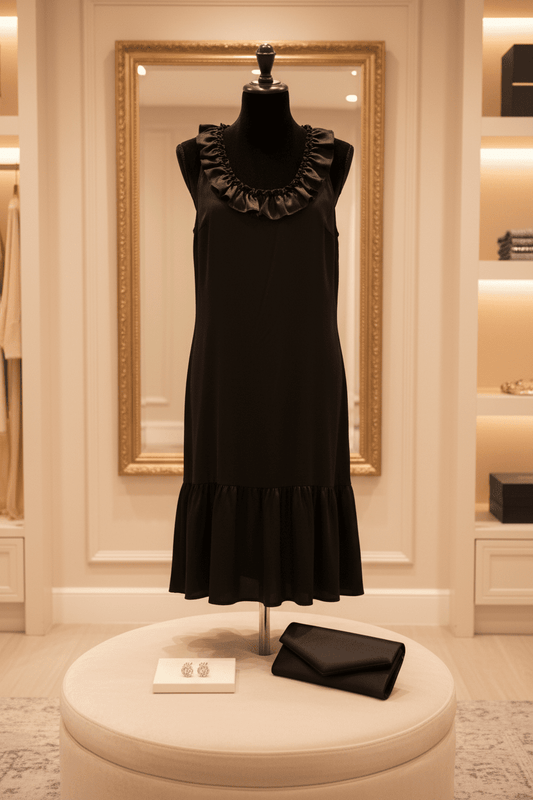 New Express brand Medium sleeveless black dress features a ruffle V - neckline - All Seasons Curves