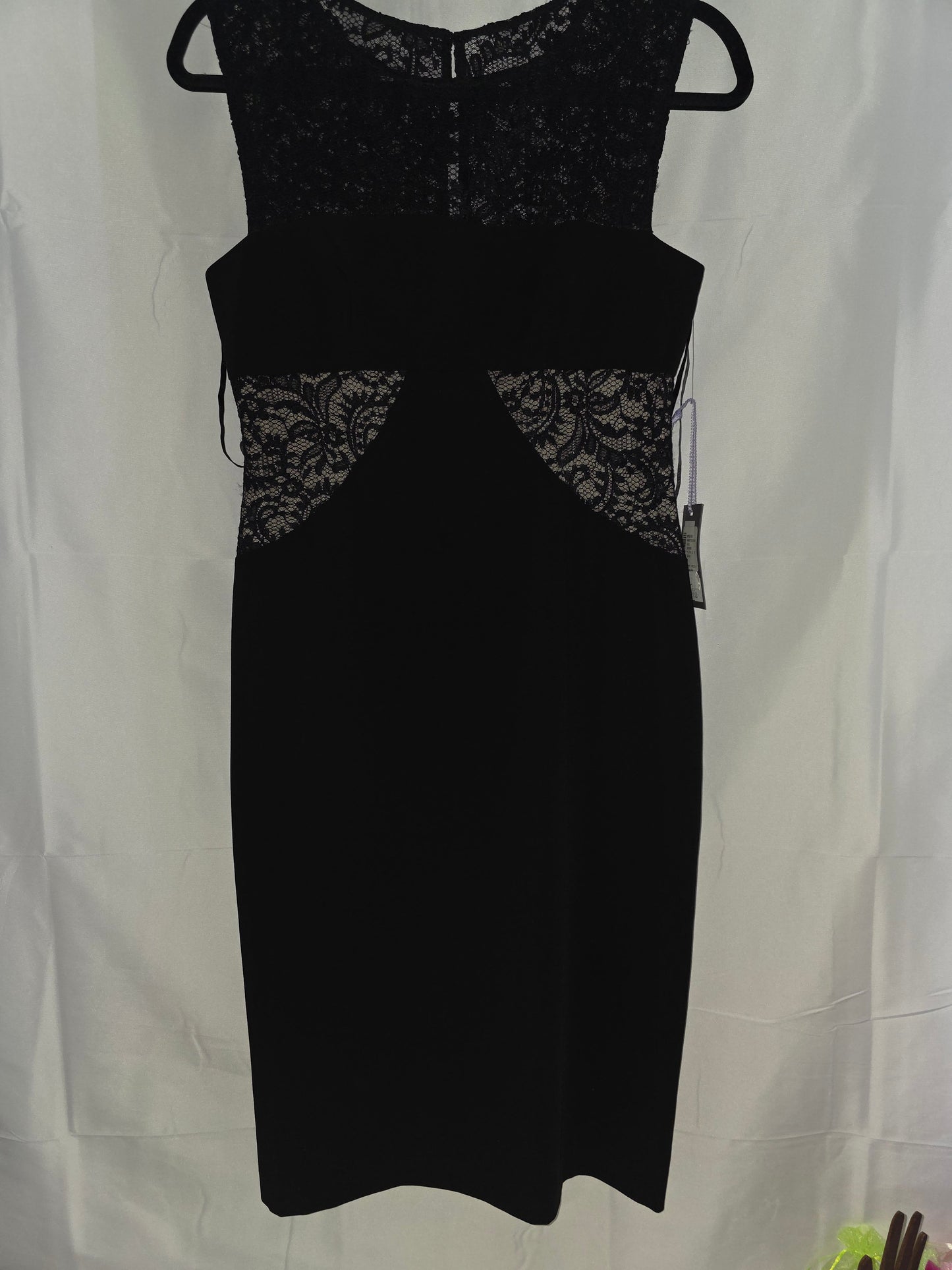 Brand New Vera Wang Elegant Black Sleeveless Sheath Dress with Intricate Lace Inserts in size 4 - All Seasons Curves