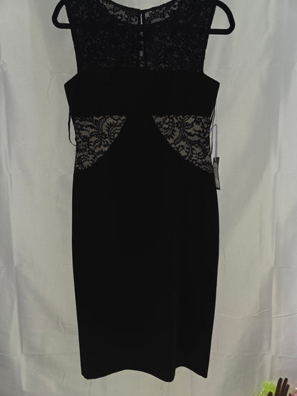 Brand New Vera Wang Elegant Black Sleeveless Sheath Dress with Intricate Lace Inserts in size 4 - All Seasons Curves