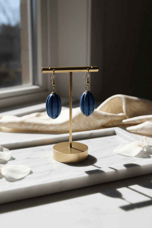 Vintage Royal Blue Ribbed Oval Drop Earrings with Gold - Tone Hooks - All Seasons Curves