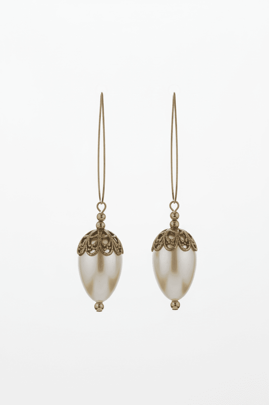 Vintage Gold - Tone & Faux Pearl Acorn Drop Earrings - All Seasons Curves