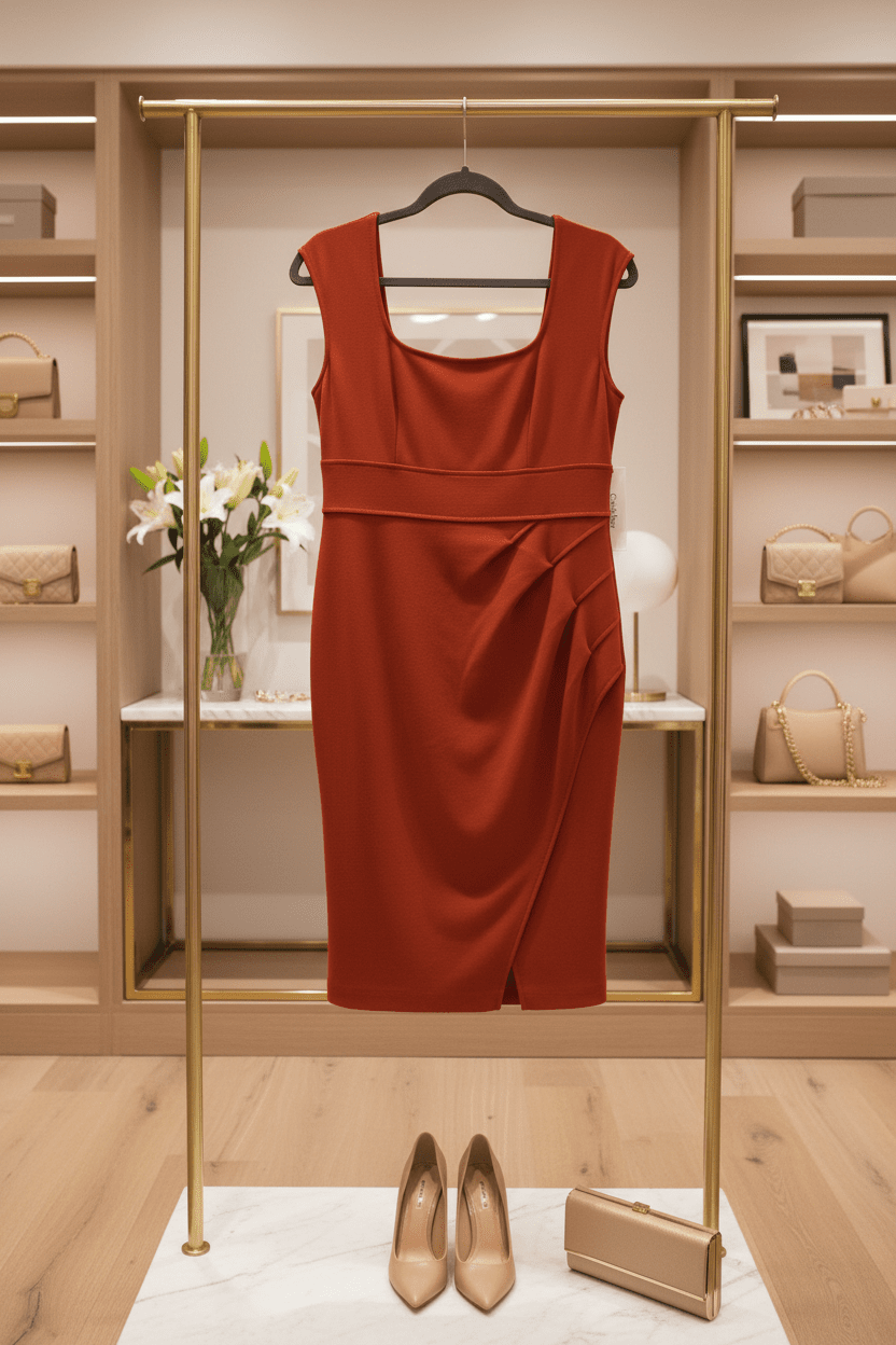 Calvin Klein Rust Red Sleeveless Ruched Sheath Dress with Tulip Hem Size 8 - All Seasons Curves
