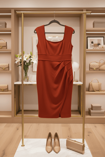 Calvin Klein Rust Red Sleeveless Ruched Sheath Dress with Tulip Hem Size 8 - All Seasons Curves
