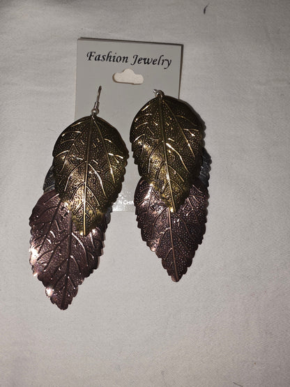 Boho Chic Tri - Tone Layered Leaf Dangle Earrings - All Seasons Curves