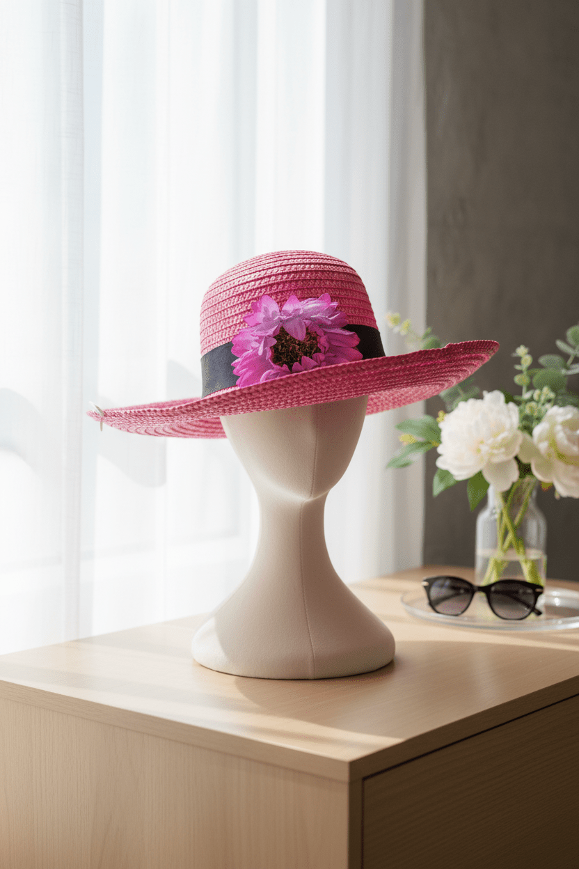 Vibrant Fuchsia Pink Straw Sun Hat with Purple Fabric Flowers - All Seasons Curves