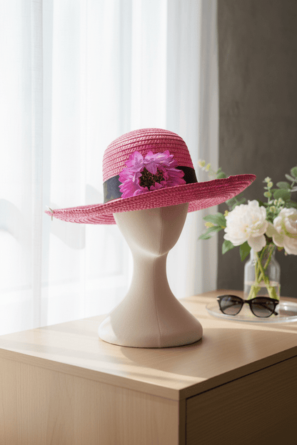 Vibrant Fuchsia Pink Straw Sun Hat with Purple Fabric Flowers - All Seasons Curves