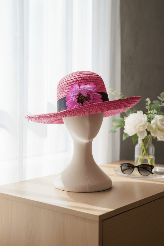 Vibrant Fuchsia Pink Straw Sun Hat with Purple Fabric Flowers - All Seasons Curves