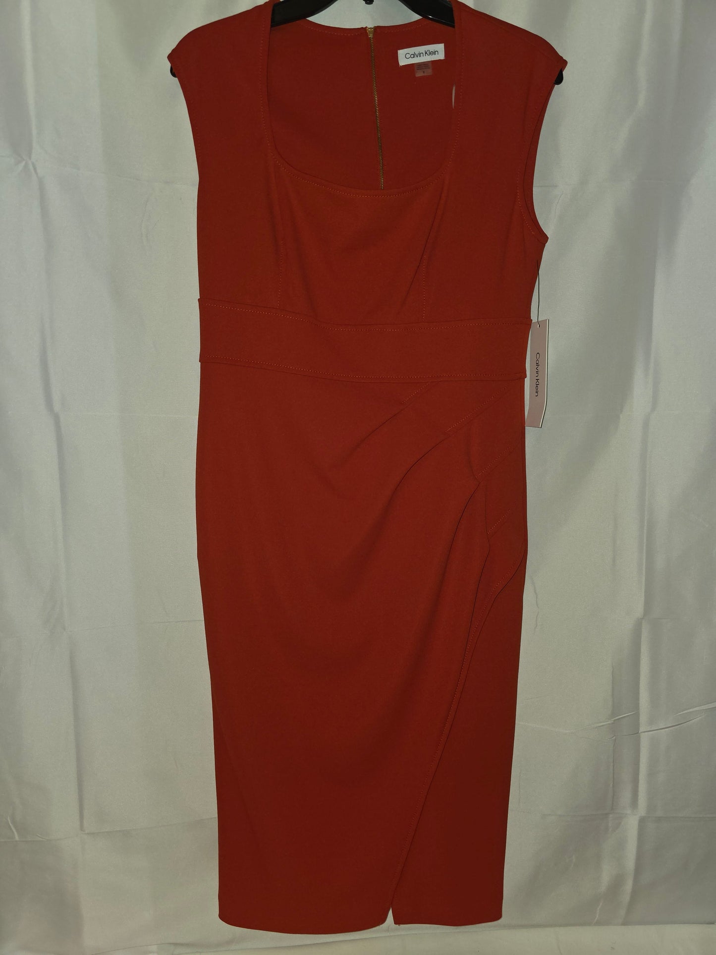 Calvin Klein Rust Red Sleeveless Ruched Sheath Dress with Tulip Hem Size 8 - All Seasons Curves