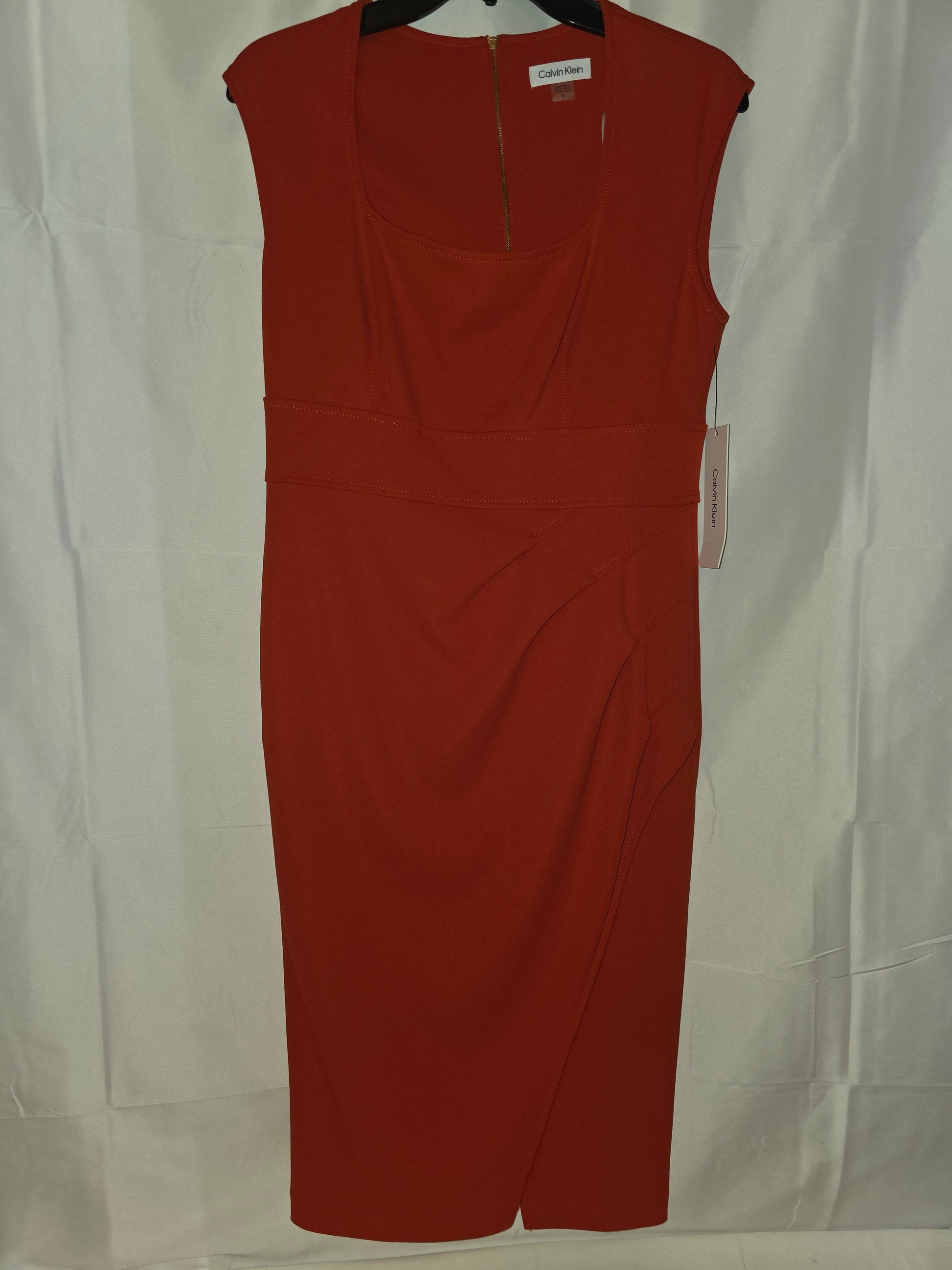 Calvin Klein Rust Red Sleeveless Ruched Sheath Dress with Tulip Hem Size 8 - All Seasons Curves