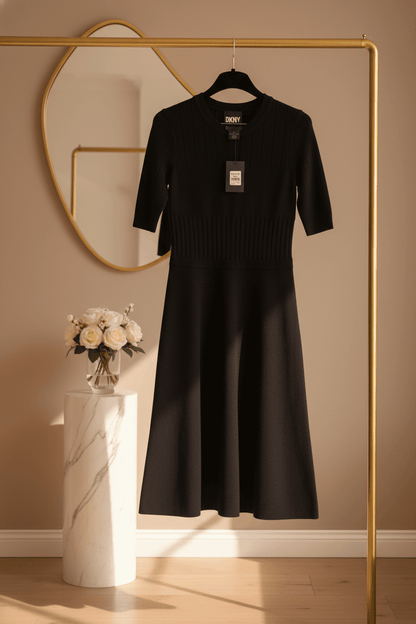 Brand New DKNY Classic Black Knit A - Line Midi Dress with 3/4 Sleeves Size L - All Seasons Curves