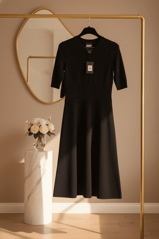 Brand New DKNY Classic Black Knit A - Line Midi Dress with 3/4 Sleeves Size L - All Seasons Curves
