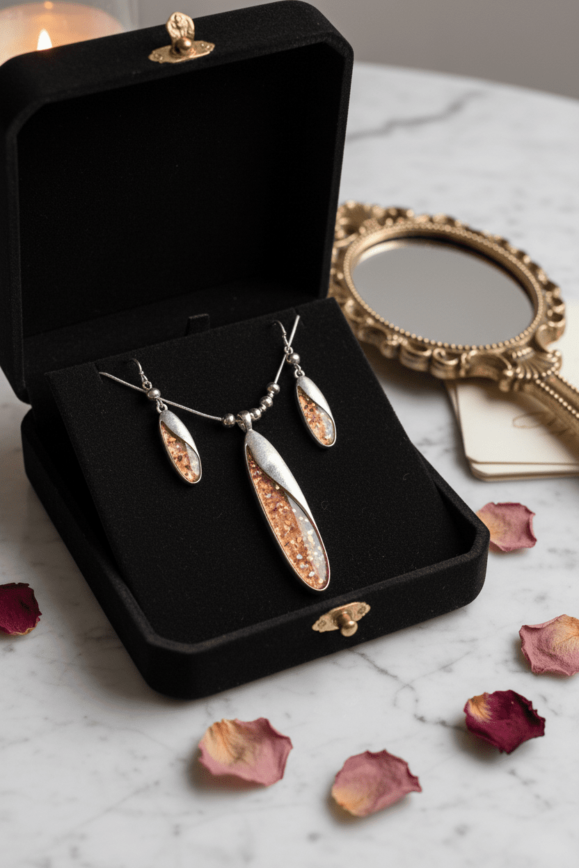 Modernist Silver - Tone Oval Stone Inlay Necklace & Earring Set - All Seasons Curves