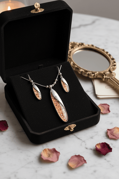 Modernist Silver - Tone Oval Stone Inlay Necklace & Earring Set - All Seasons Curves