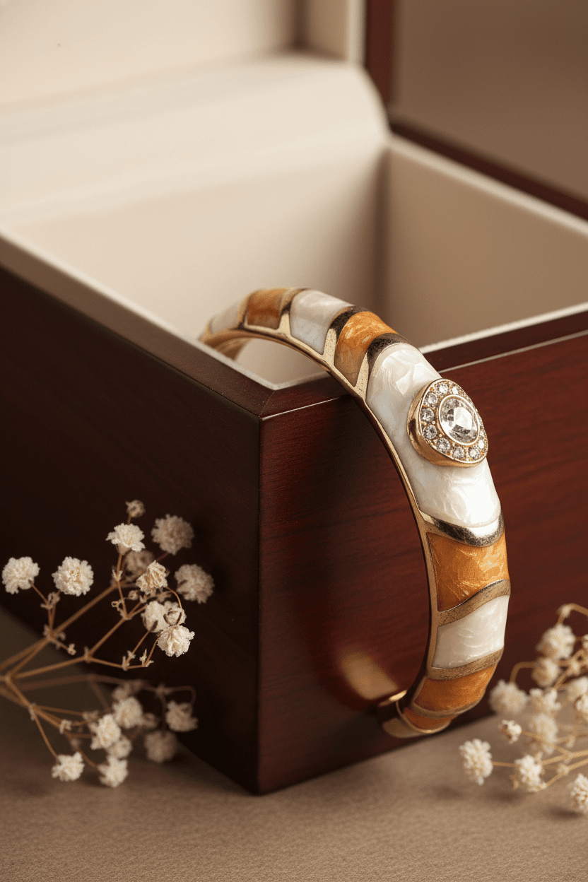 Bohemian Gold - Tone Hinged Bangle with Mother - of - Pearl & Enamel Inlay - All Seasons Curves