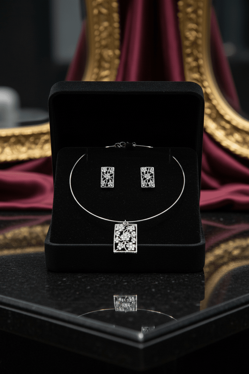 Silver Rhinestone Choker & Stud Earring Set - All Seasons Curves