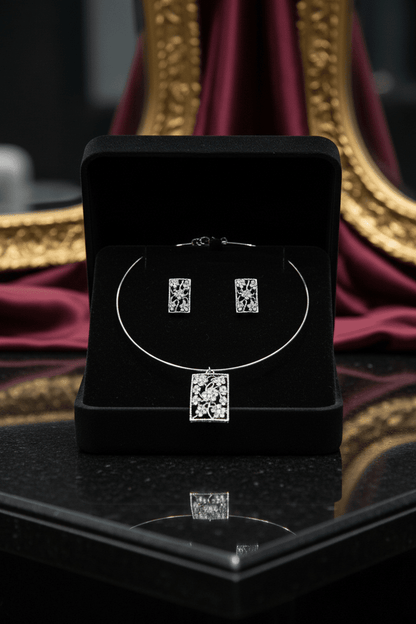 Silver Rhinestone Choker & Stud Earring Set - All Seasons Curves