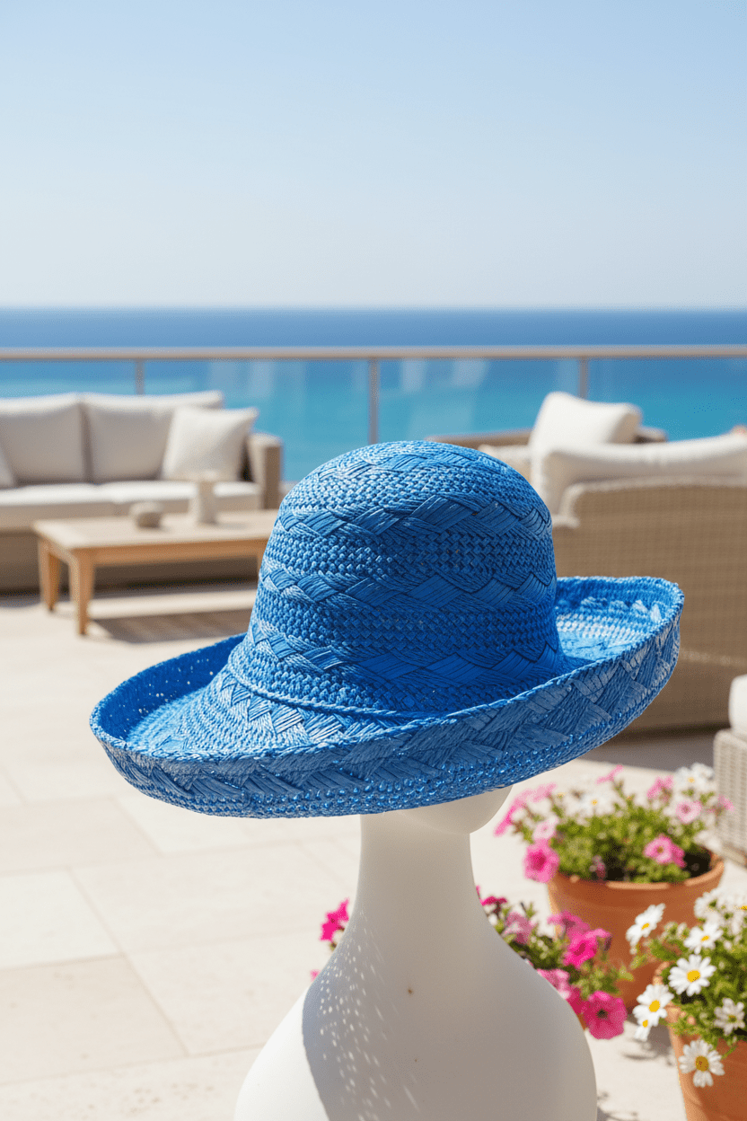 Vibrant Blue Woven Raffia Packable Sun Hat - All Seasons Curves