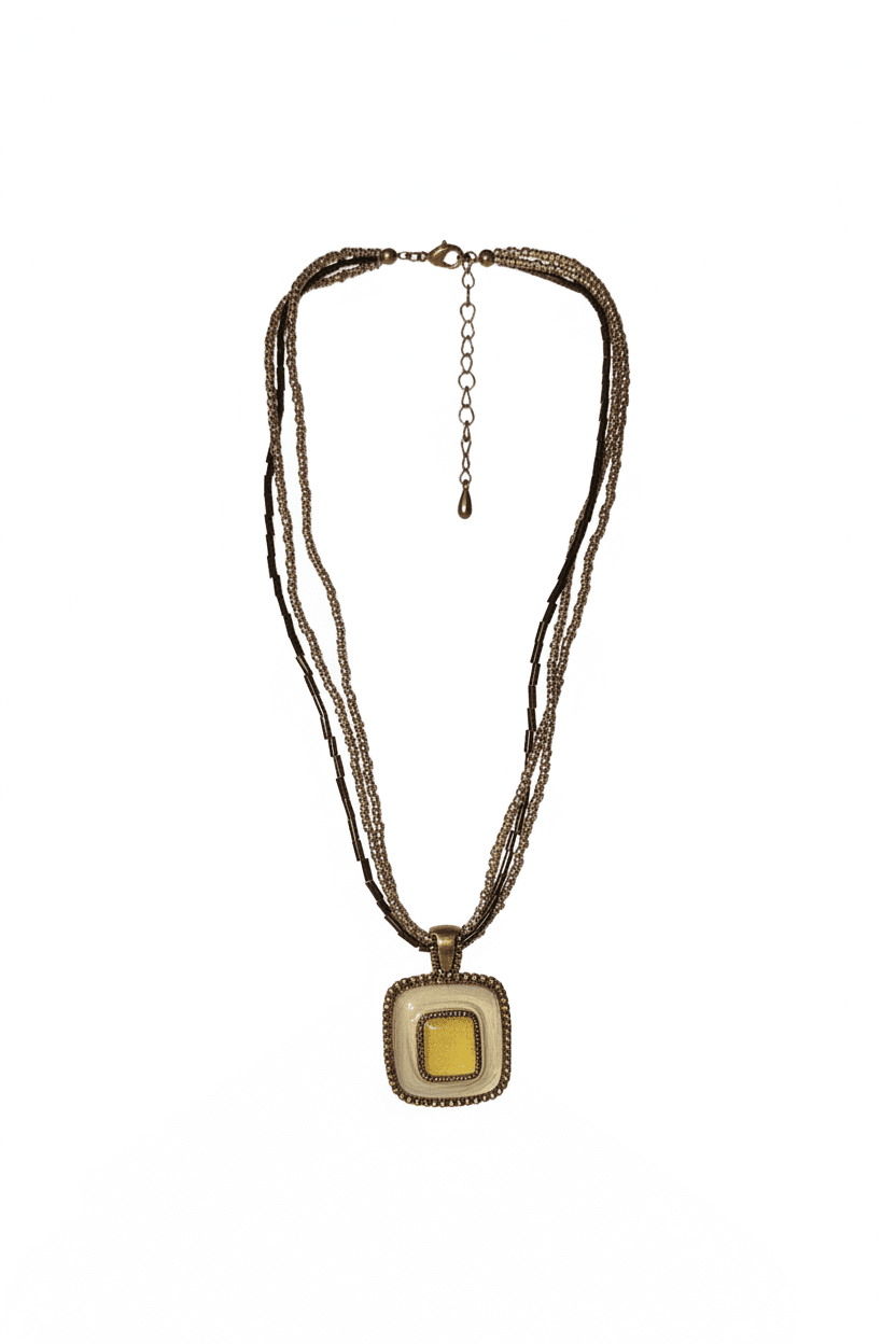 Bohemian Multi - Strand Seed Bead Necklace with Square Pendant - All Seasons Curves