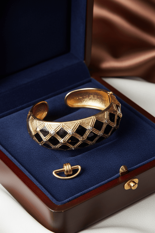 Classic Black and Gold Tone Quilted Hinged Bangle Bracelet - All Seasons Curves