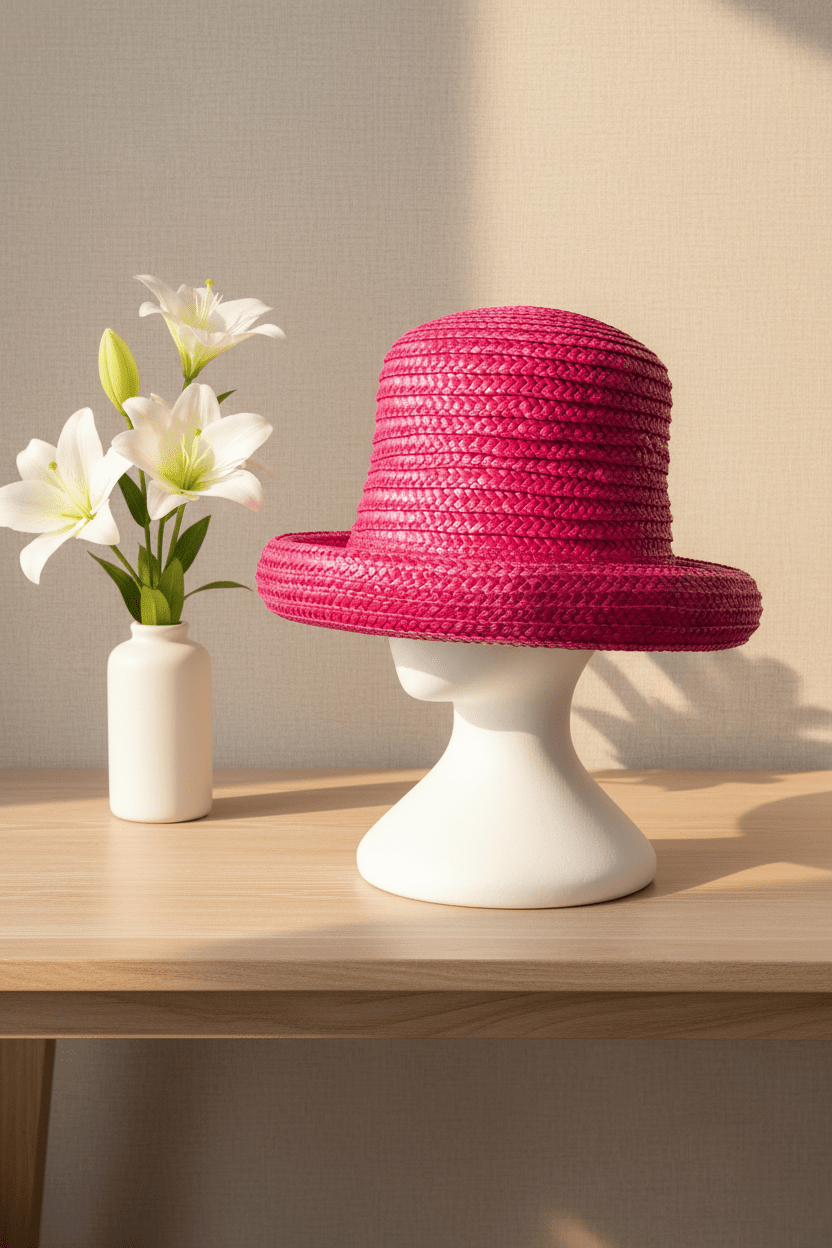 Vibrant Fuchsia Pink Woven Straw Cloche Bucket Hat - All Seasons Curves