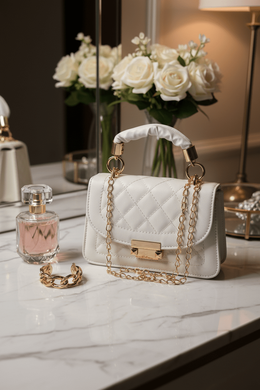 Chic White Diamond - Quilt Mini Shoulder Bag with Gold Chain - All Seasons Curves