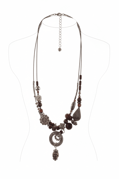 Bohemian Multi - Strand Mixed Bead Statement Necklace with Carved Pendant - All Seasons Curves