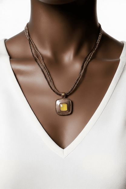 Bohemian Multi - Strand Seed Bead Necklace with Square Pendant - All Seasons Curves