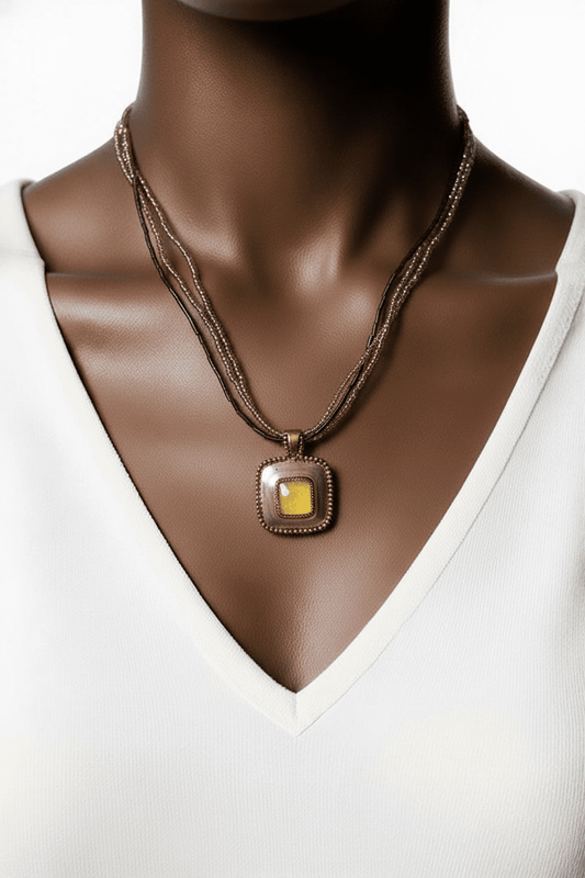 Bohemian Multi - Strand Seed Bead Necklace with Square Pendant - All Seasons Curves