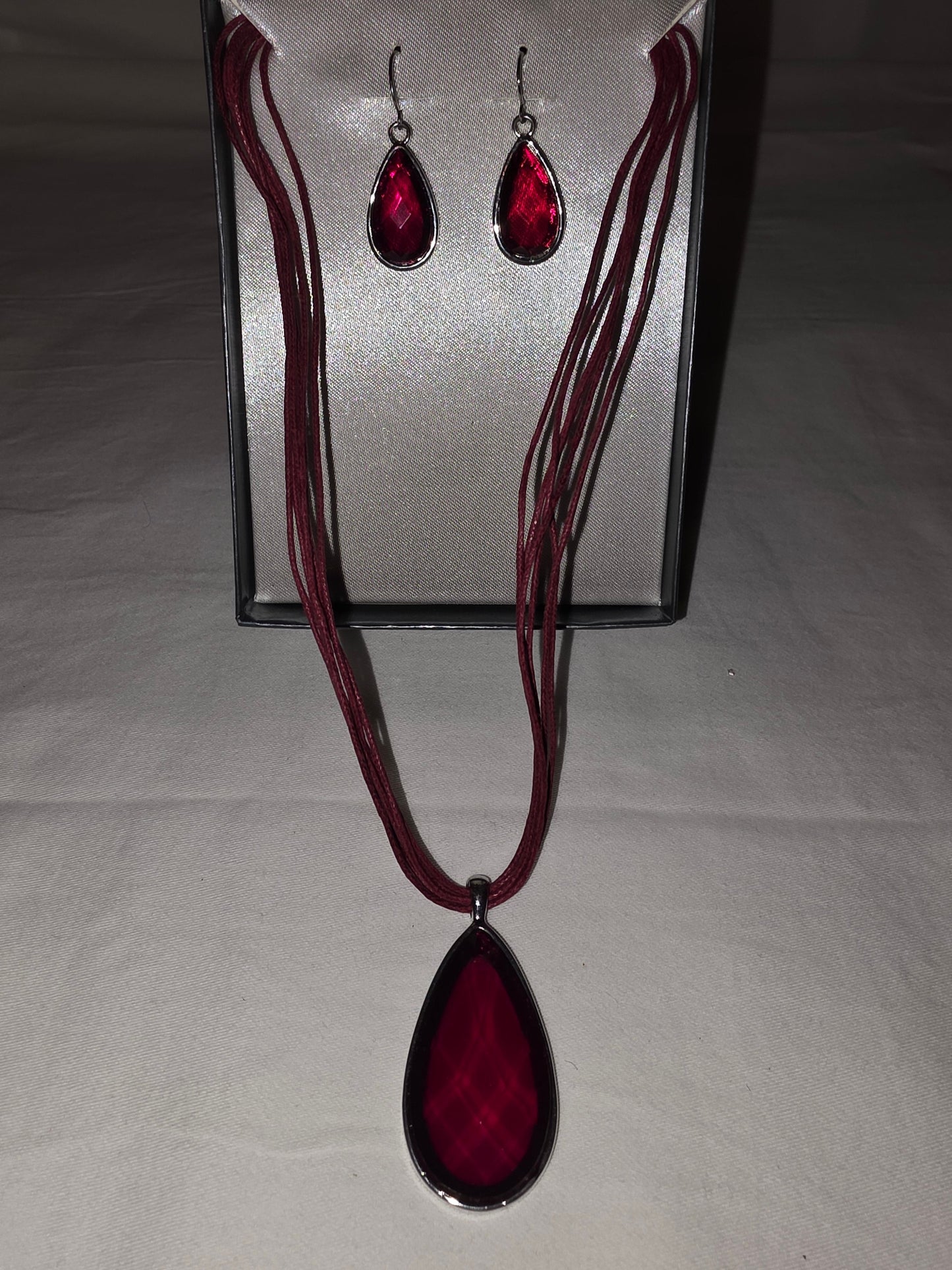Classic Red Crystal Teardrop Necklace & Earring Set with Silver - Tone Accent - All Seasons Curves