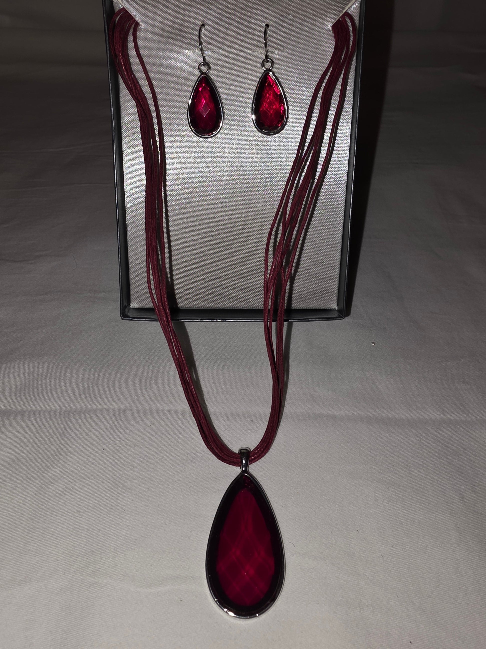 Classic Red Crystal Teardrop Necklace & Earring Set with Silver - Tone Accent - All Seasons Curves